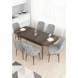 Canisa Taç Serisi 80x132 cm Açılabilir Barok Ahşap Desen 6 Sandalye Gümüş Halkalı Gri Mutfak Masası Takımı