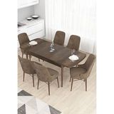 Canisa Taç Serisi 80x132 cm Açılabilir Barok Ahşap Desen 6 Sandalye Gümüş Halkalı Kahverengi Mutfak Masası Takımı