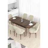 Canisa Taç Serisi 80x132 cm Açılabilir Barok Ahşap Desen 6 Sandalye Gümüş Halkalı Krem Mutfak Masası Takımı
