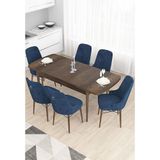 Canisa Taç Serisi 80x132 cm Açılabilir Barok Ahşap Desen 6 Sandalye Gümüş Halkalı Lacivert Mutfak Masası Takımı