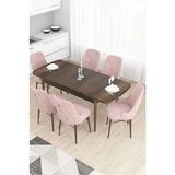 Canisa Taç Serisi 80x132 cm Açılabilir Barok Ahşap Desen 6 Sandalye Gümüş Halkalı Pembe Mutfak Masası Takımı