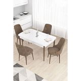 Canisa Taç Serisi 80x132 cm Açılabilir Beyaz Masa Ceviz Ayak 4 Sandalye Gold Halkalı Kahverengi Mutfak Masası Takımı
