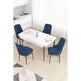 Canisa Taç Serisi 80x132 cm Açılabilir Beyaz Masa Ceviz Ayak 4 Sandalye Gold Halkalı Lacivert Mutfak Masası Takımı