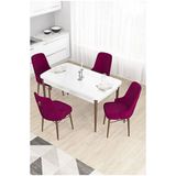 Canisa Taç Serisi 80x132 cm Açılabilir Beyaz Masa Ceviz Ayak 4 Sandalye Gold Halkalı Mürdüm Mutfak Masası Takımı