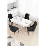 Canisa Taç Serisi 80x132 cm Açılabilir Beyaz Masa Ceviz Ayak 4 Sandalye Gold Halkalı Siyah Mutfak Masası Takımı