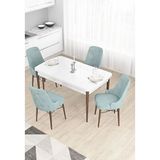 Canisa Taç Serisi 80x132 cm Açılabilir Beyaz Masa Ceviz Ayak 4 Sandalye Gold Halkalı Su Yeşili Mutfak Masası Takımı