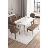 Canisa Taç Serisi 80x132 cm Açılabilir Beyaz Masa Ceviz Ayak 4 Sandalye Gümüş Halkalı 1 Bench Kahverengi Mutfak Masası Takımı