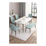 Canisa Taç Serisi 80x132 cm Açılabilir Beyaz Masa Ceviz Ayak 4 Sandalye Gümüş Halkalı 1 Bench Su Yeşili Mutfak Masası Takımı