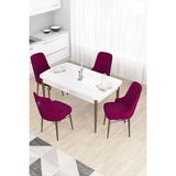 Canisa Taç Serisi 80x132 cm Açılabilir Beyaz Masa Ceviz Ayak 4 Sandalye Gümüş Halkalı Mürdüm Mutfak Masası Takımı