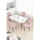 Canisa Taç Serisi 80x132 cm Açılabilir Beyaz Masa Ceviz Ayak 4 Sandalye Gümüş Halkalı Pembe Mutfak Masası Takımı
