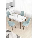 Canisa Taç Serisi 80x132 cm Açılabilir Beyaz Masa Ceviz Ayak 4 Sandalye Gümüş Halkalı Su Yeşili Mutfak Masası Takımı