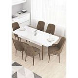 Canisa Taç Serisi 80x132 cm Açılabilir Beyaz Masa Ceviz Ayak 6 Sandalye Gold Halkalı Kahverengi Mutfak Masası Takımı