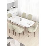 Canisa Taç Serisi 80x132 cm Açılabilir Beyaz Masa Ceviz Ayak 6 Sandalye Gold Halkalı Krem Mutfak Masası Takımı