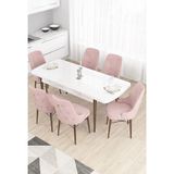 Canisa Taç Serisi 80x132 cm Açılabilir Beyaz Masa Ceviz Ayak 6 Sandalye Gold Halkalı Pembe Mutfak Masası Takımı