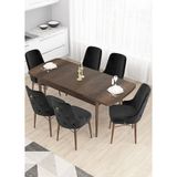 Canisa Taç Serisi 80x132 cm Açılabilir Beyaz Masa Ceviz Ayak 6 Sandalye Gold Halkalı Siyah Mutfak Masası Takımı