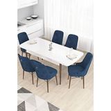Canisa Taç Serisi 80x132 cm Açılabilir Beyaz Masa Ceviz Ayak 6 Sandalye Gümüş Halkalı Lacivert Mutfak Masası Takımı