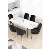 Canisa Taç Serisi 80x132 cm Açılabilir Beyaz Masa Ceviz Ayak 6 Sandalye Gümüş Halkalı Siyah Mutfak Masası Takımı
