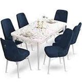 Canisa Taç Serisi 80x132 MDF Açılabilir Beyaz Mermer Desen Masa Takımı Gold Halkalı Lacivert 6 Sandalye