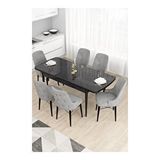 Canisa Taç Serisi 80x132 MDF Açılabilir Siyah Mermer Desen Masa Takımı Gold Halkalı Gri 6 Sandalye