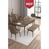 Canisa Taç Serisi, 80x132 Mdf Barok Ahşap Desen Masa Takımı, 4 Kahve Sandalye Gold Halkalı Ve 1 Bench Kahverengi