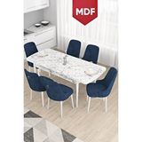 Canisa Taç Serisi, 80x132 Mdf Beyaz Mermer Desen Yemek Masa Takımı,6 Lacivert Sandalye Gümüş Halkalı