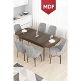 Canisa Taç Serisi Açılabilir Mdf Mutfak Masası Takımı 80x132 Barok Desen Masa 6 Gri Sandalye Gümüş Halkalı Kahverengi
