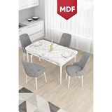 Canisa Taç Serisi Açılabilir Mdf Mutfak Masası Takımı 80x132 Beyaz Mermer Desen Masa 4 Gri Sandalye