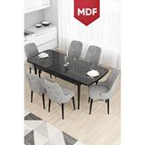 Canisa Taç Serisi Açılabilir Mdf Mutfak Masası Takımı 80x132 Siyah Mermer Desen Masa 6 Gri Sandalye