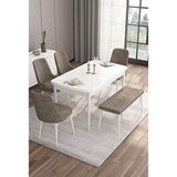 Canisa Taç Serisi Beyaz 80x132 cm Açılabilir 4 Sandalye Gümüş Halkalı 1 Bench Cappucino Mutfak Masa Takımı