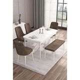 Canisa Taç Serisi Beyaz 80x132 cm Açılabilir 4 Sandalye Gümüş Halkalı 1 Bench Kahverengi Mutfak Masa Takımı