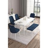 Canisa Taç Serisi Beyaz 80x132 cm Açılabilir 4 Sandalye Gümüş Halkalı 1 Bench Lacivert Mutfak Masa Takımı