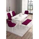 Canisa Taç Serisi Beyaz 80x132 cm Açılabilir 4 Sandalye Gümüş Halkalı 1 Bench Mürdüm Mutfak Masa Takımı