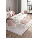 Canisa Taç Serisi Beyaz 80x132 cm Açılabilir 4 Sandalye Gümüş Halkalı 1 Bench Pembe Mutfak Masa Takımı
