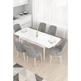 Canisa Taç Serisi Beyaz 80x132 cm Açılabilir 6 Sandalye Gold Halkalı Gri Mutfak Masa Takımı