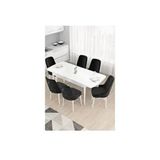 Canisa Taç Serisi, Beyaz 80x132 cm Açılabilir 6 Sandalye Gümüş Halkalı Siyah Mutfak Masa Takımı