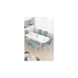 Canisa Taç Serisi, Beyaz 80x132 cm Açılabilir 6 Sandalye Gümüş Halkalı Su Yeşili Mutfak Masa Takımı