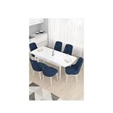 Canisa Taç Serisi Beyaz Masa 80x132 cm Açılabilir 6 Sandalye Gümüş Halkalı Lacivert Mutfak Masa Takımı