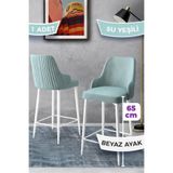 Canisa Tera Serisi 65 cm Su Yeşili Mutfak Bar Sandalyesi, Babyface Kumaş, Beyaz Metal Ayaklar
