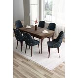 Canisa Tia Serisi 80X132 Açılabilir Mdf Barok Ahşap Desen Gold Detay Mutfak Masası Ve 6 Antrasit Sandalye