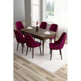Canisa Tia Serisi 80X132 Açılabilir Mdf Barok Ahşap Desen Gold Detay Mutfak Masası Ve 6 Mürdüm Sandalye
