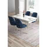 Canisa Tia Serisi 80X132 Açılabilir Mdf Beyaz Krom Detay Yemek Masası Takımı Ve 4 Lacivert Sandalye