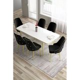 Canisa Tia Serisi 80x132 Açılabilir Mdf Beyaz Yemek Odası Takımı 6 Siyah Sandalye Gold Detay