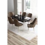 Canisa Tia Serisi 80X132 Açılabilir Mdf Siyah Mermer Krom Detay Yemek Odası Takımı Ve 6 Kahverengi Sandalye