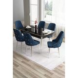 Canisa Tia Serisi 80X132 Açılabilir Mdf Siyah Mermer Krom Detay Yemek Odası Takımı Ve 6 Lacivert Sandalye