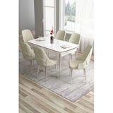 Canisa Tia Serisi 80x132 Açılabilir Mdf Yemek Odası Takımı Krom Detay Beyaz Masa Ve 6 Krem Sandalye