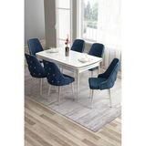Canisa Tia Serisi 80x132 Açılabilir Mdf Yemek Odası Takımı Krom Detay Beyaz Masa Ve 6 Lacivert Sandalye