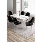 Canisa Tia Serisi 80x132 cm Açılabilir Beyaz Masa, 6 Siyah Sandalyeli Mutfak Takımı