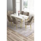 Canisa Tia Serisi 80x132 cm Açılabilir Beyaz Masa, Gold Detay, 6 Cappucino Sandalye Yemek Odası Takımı