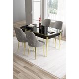 Canisa Tia Serisi 80x132 cm Açılabilir Masa Takımı, Siyah Mermer Desen, Gold Detay, 4 Gri Sandalye