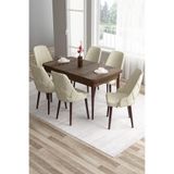 Canisa Tia Serisi 80x132 cm Açılabilir MDF Barok Ahşap Desen Mutfak Masası ve 6 Krem Sandalye Seti